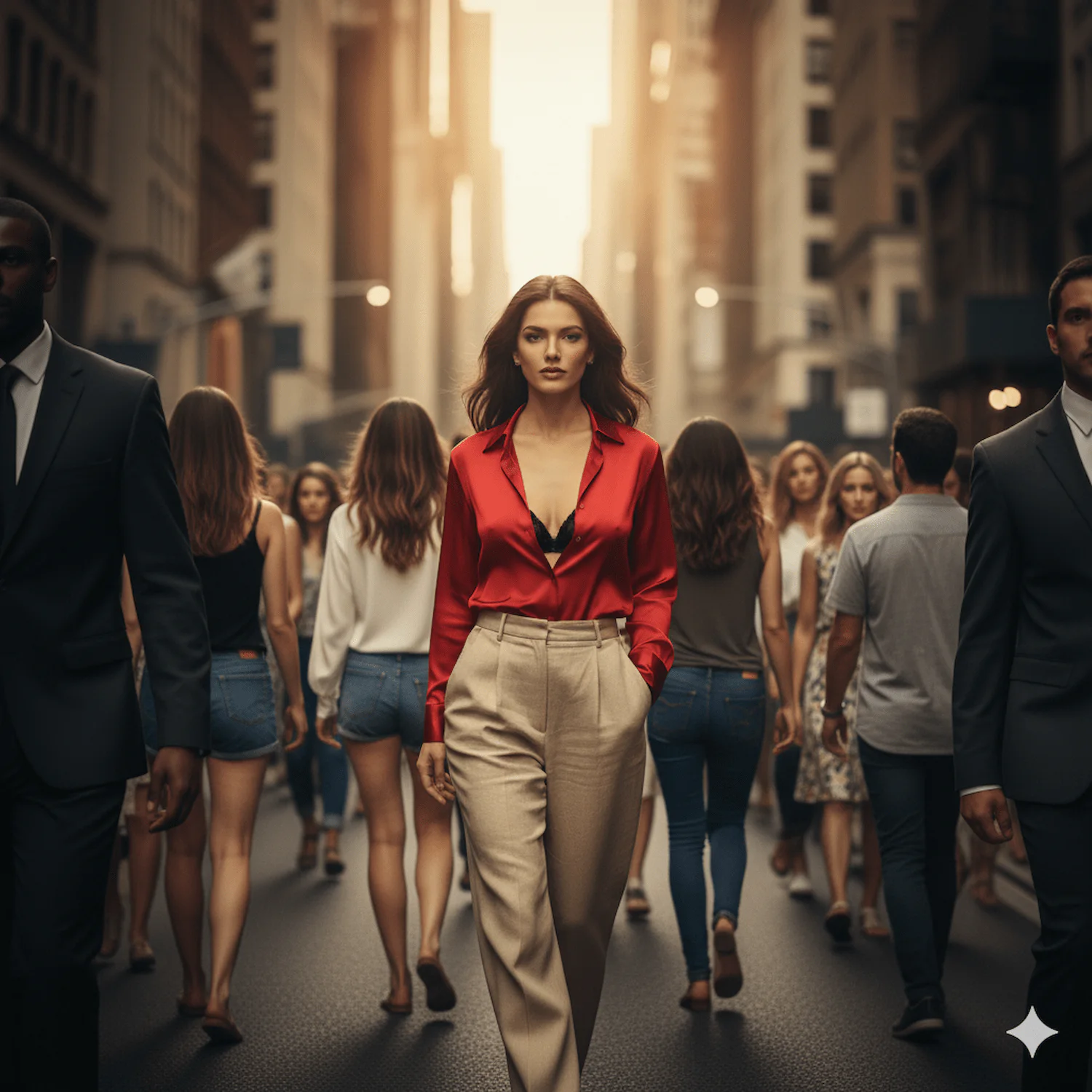 Mujer caminando en la multitud con confianza en si misma