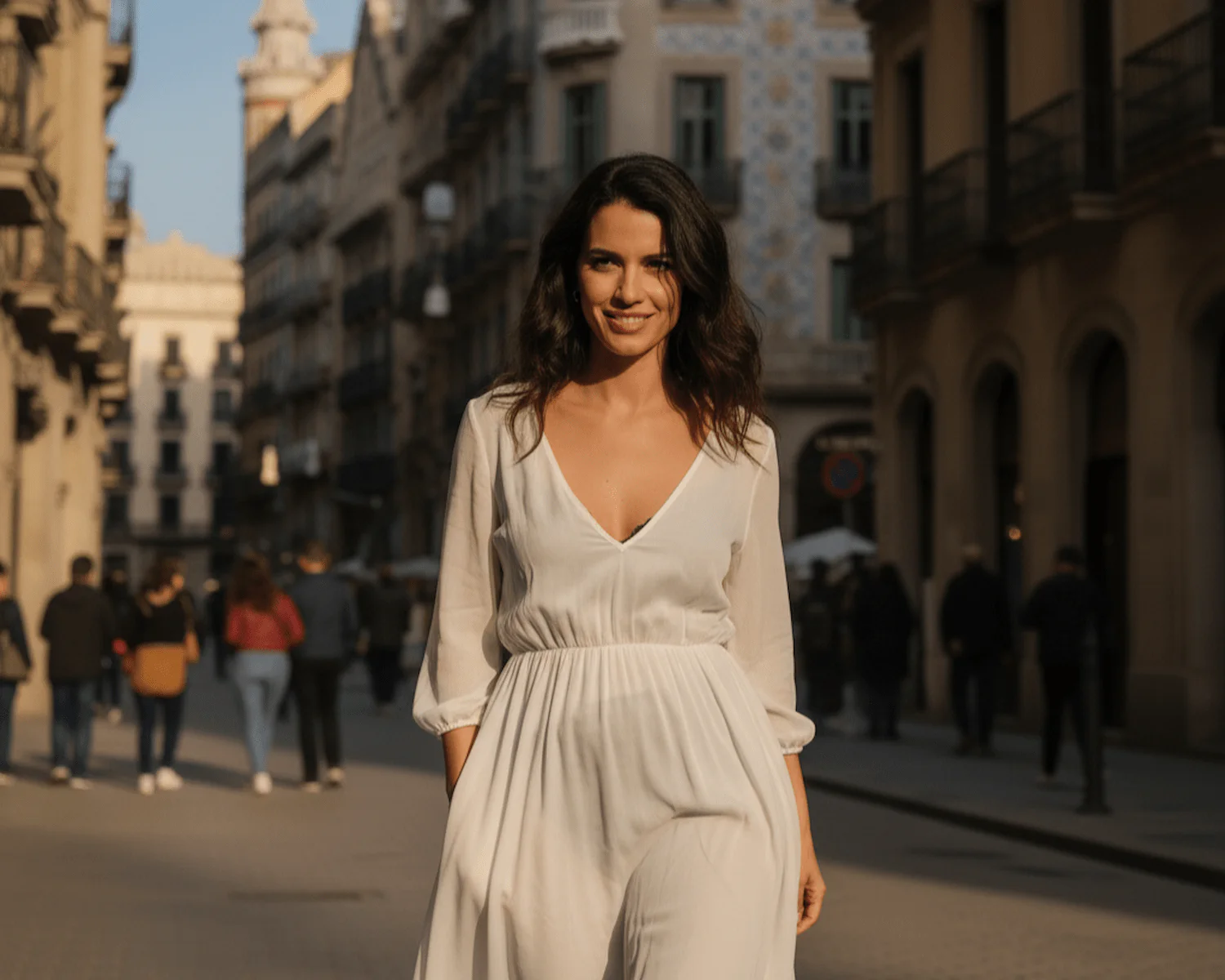Woman walking confidently in Barcelona streets, with a subtle smile