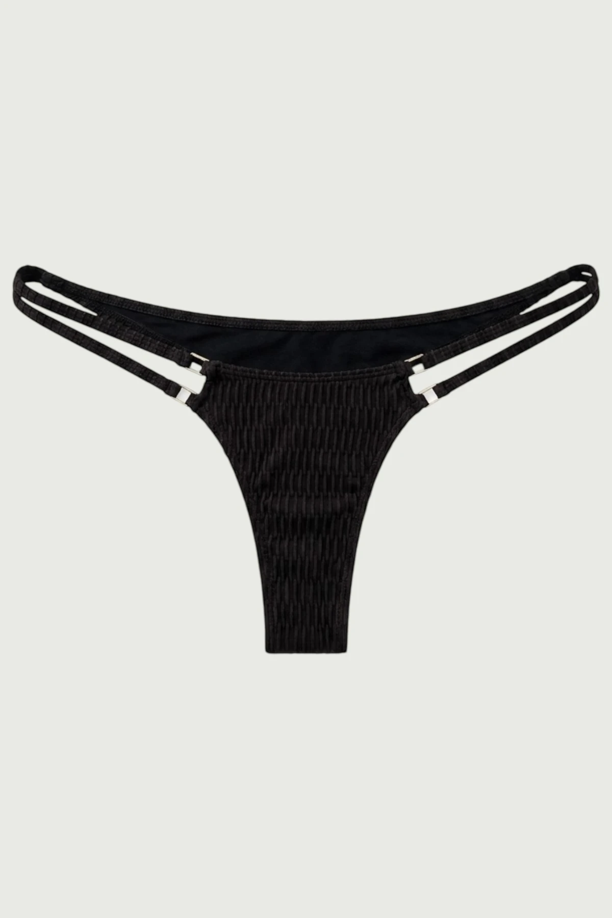 Bikini thong with front straps and signature golden details by Sartori Atelier in textured black