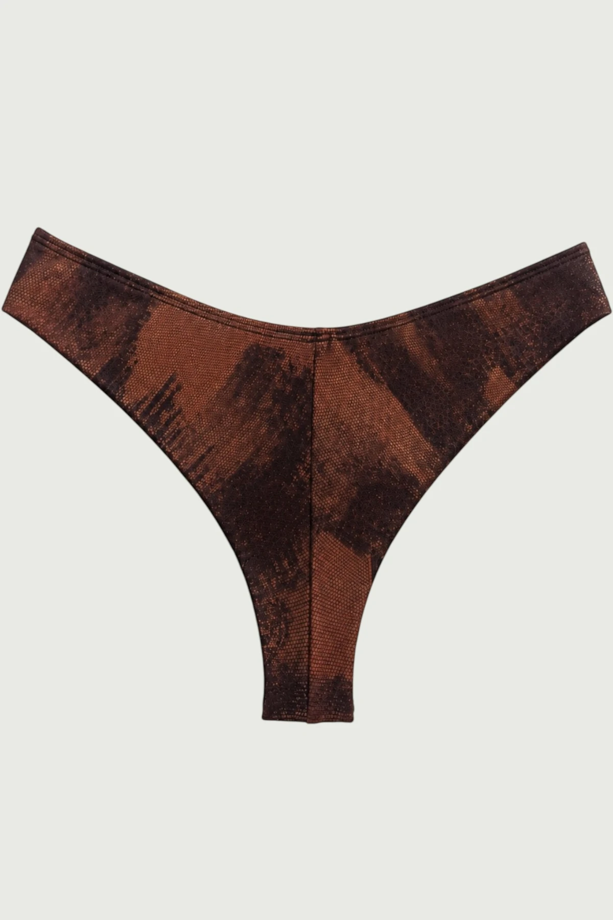 Cheeky cut bikini bottom in stunning reptile print fabric in brown, back view