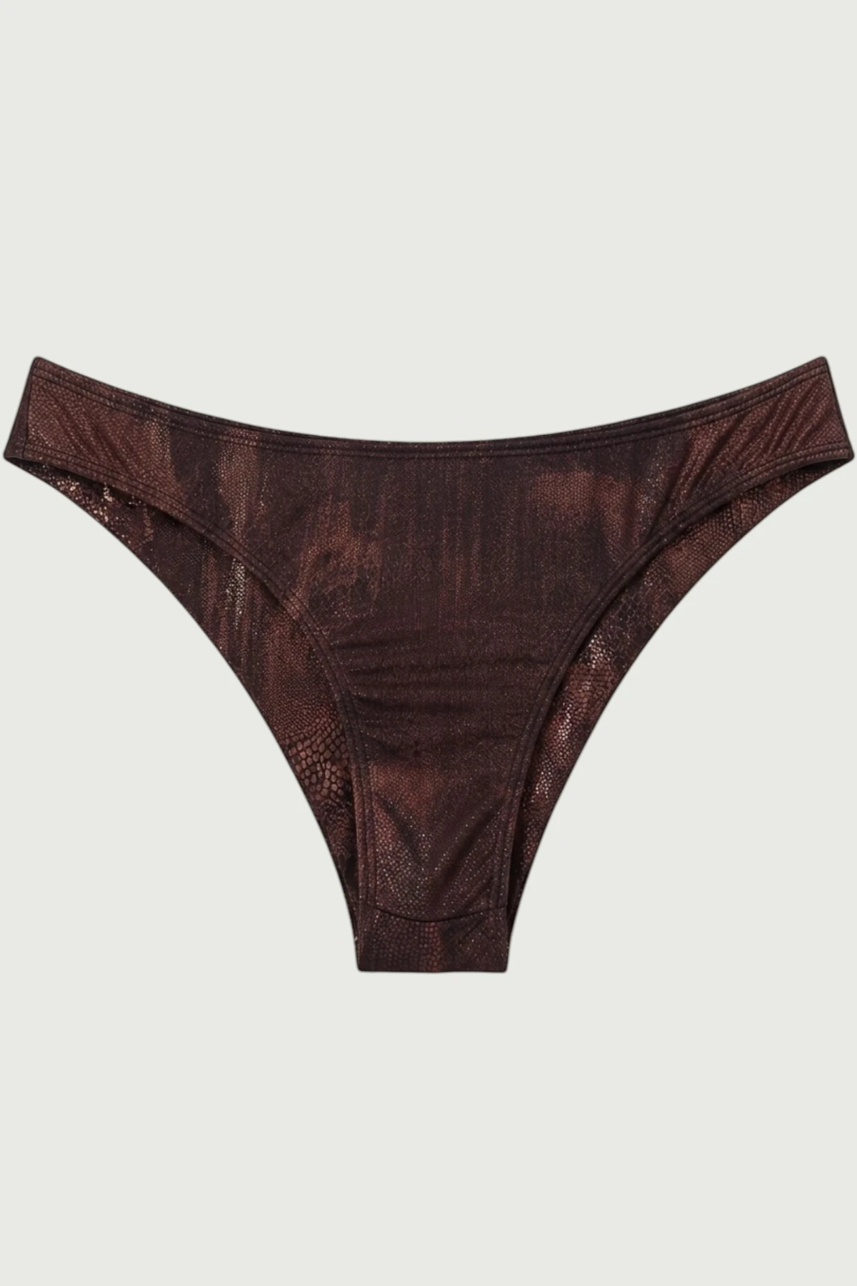 Cheeky cut bikini bottom in stunning reptile print fabric in brown