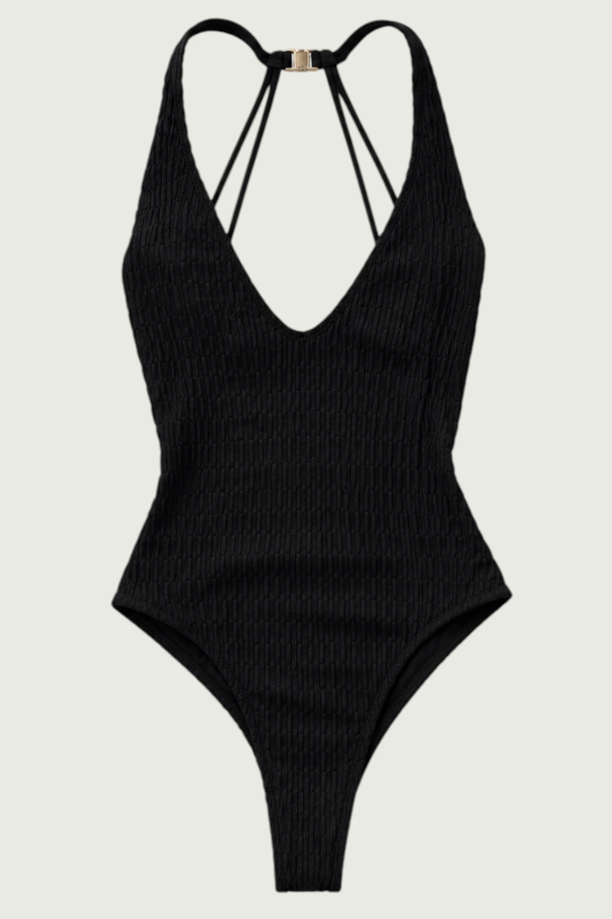 Black textured swim fabric swimmingsuit with gold metal details and a back clasp made by Sartori atelier in Barcelona